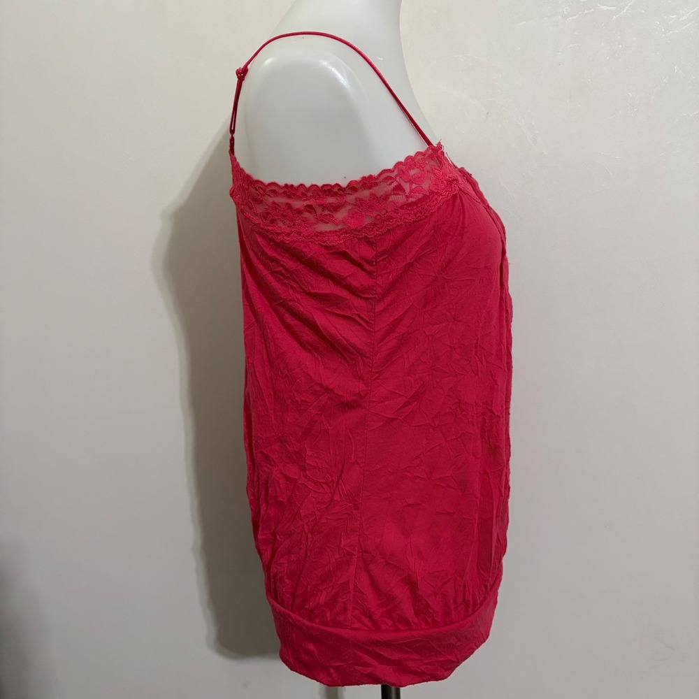 One Step Up Y2K Camisole Large Pink Lace Trim Crinkle Button Front Boho Tank Top - Picture 4 of 7